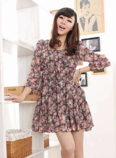 New Casual floral chiffon dress KR3220 Black M/L