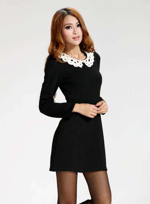 Elegant fashion lace lapel long sleeve dress V1309 Black S/M/L/XL