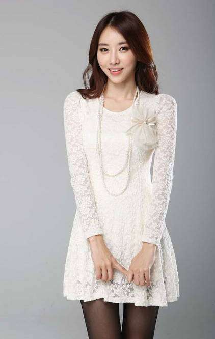 Elegant lace Slim long-sleeved dress A5326 White S/M/L