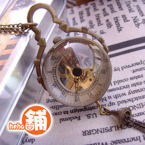Retro Through Back Crystal ball pendant Necklace Mechanical pocket watch