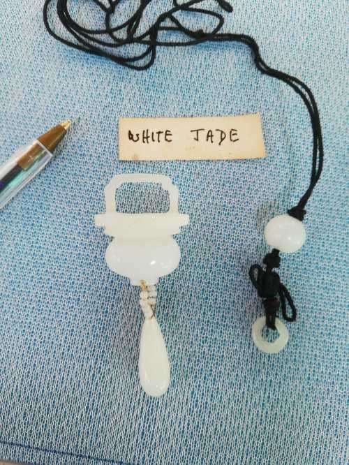 Antique white Jade `comforter` Pendant with beads and ring piece(est:18th to early 20th century)