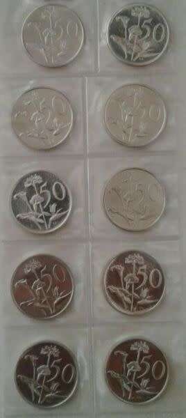 Set of 10 proof nickel 50c coins (1970-1982)