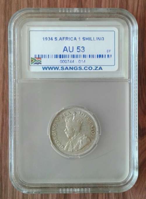 High grade 1934 union silver shilling SANGS graded AU53