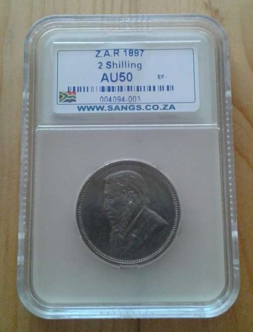 Higher grade 1897 ZAR Kruger 2 Shillings SANGS graded AU50