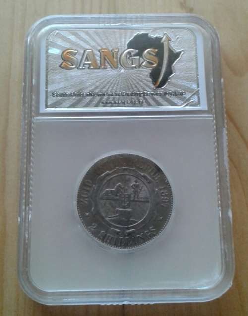 Higher grade 1897 ZAR Kruger 2 Shillings SANGS graded AU50