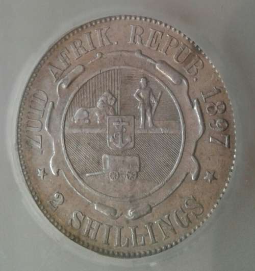 Higher grade 1897 ZAR Kruger 2 Shillings SANGS graded AU50