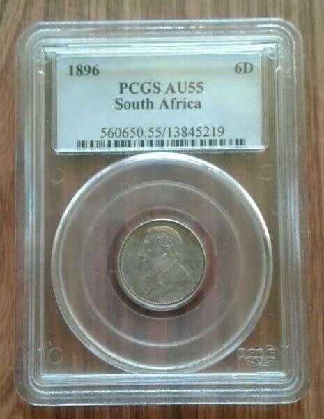 High grade 1896 ZAR Kruger silver sixpence PCGS AU55 (Almost Uncirculated)