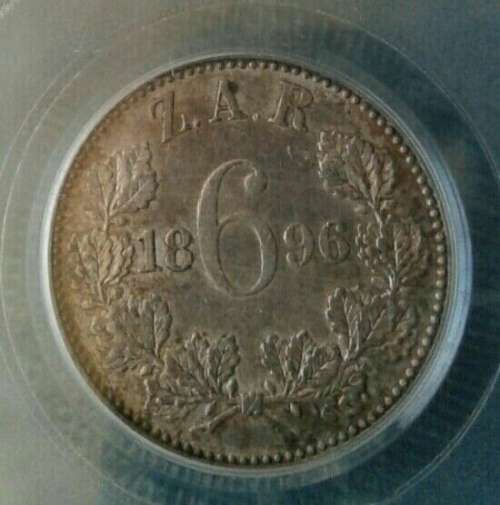 High grade 1896 ZAR Kruger silver sixpence PCGS AU55 (Almost Uncirculated)