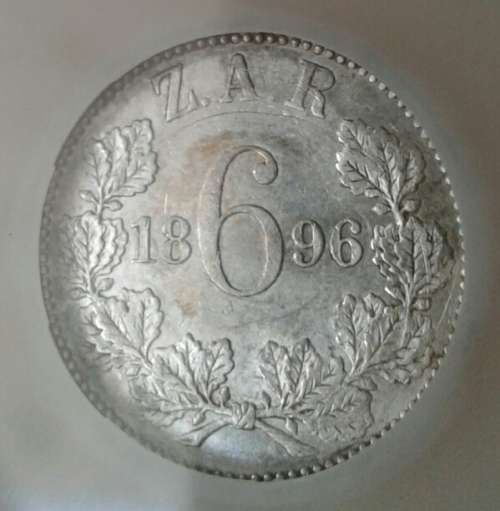 High grade 1896 ZAR Kruger silver sixpence SANGS AU58 (Almost Mint State)