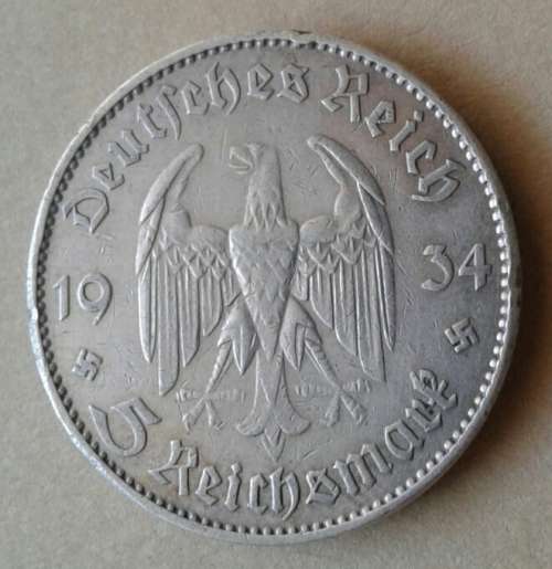 1934 J German silver 5 Reichsmark (Third Reich)