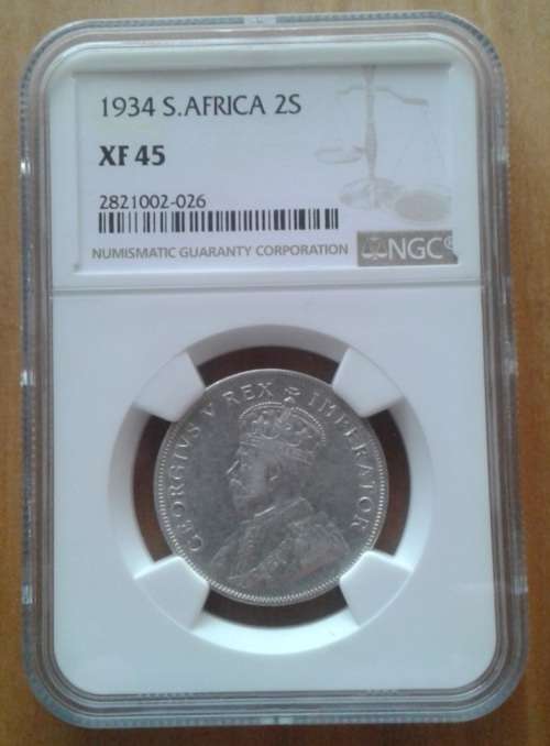 High grade 1934 union silver 2 Shillings NGC XF45 (High cat value)