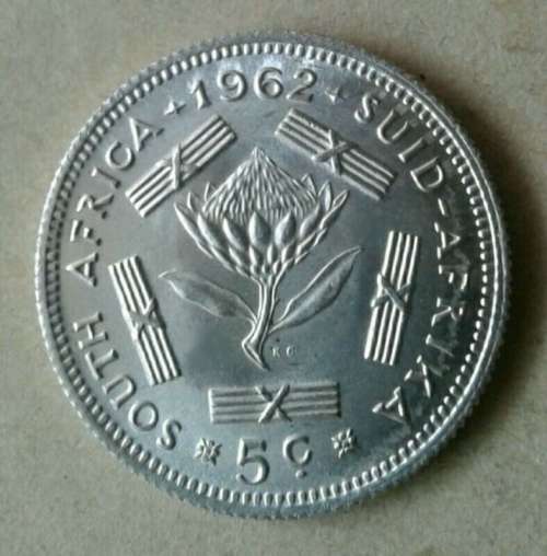 Brilliant uncirculated 1962 van Riebeeck silver 5c