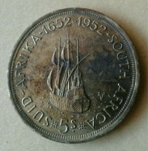 1952 Union silver 5 Shillings with reverse toning