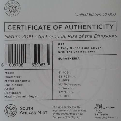 2019 Uncirculated 1oz silver R25 (Rise of the dinosaurs- Euparkeria)