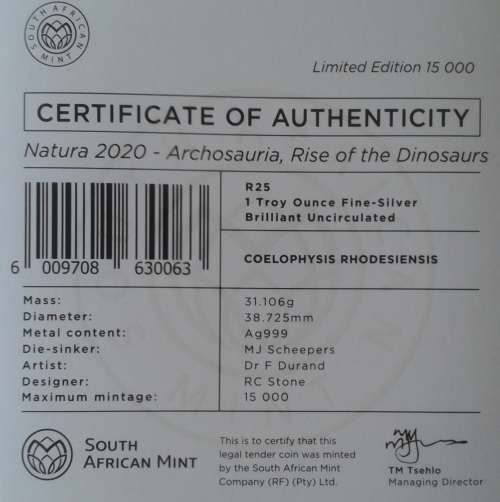 2020 Uncirculated 1oz silver R25 (Rise of the dinosaurs- Coelophysis Rhodesiensis)