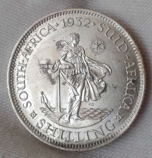High grade 1932 union silver shilling in lustrous AU