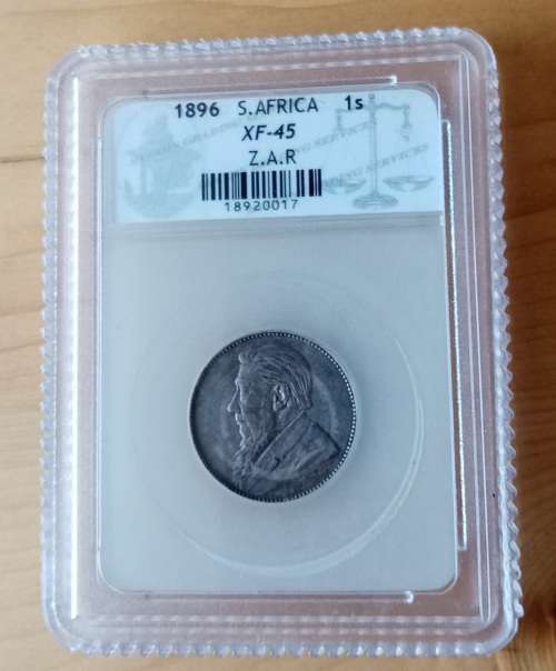Higher grade 1896 ZAR Kruger silver shilling SACGS XF45