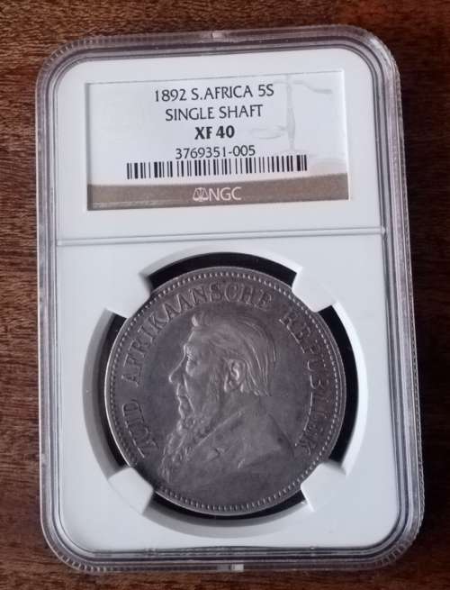 Nice 1892 ZAR Kruger single shaft 5 Shillings NGC XF40 (High grade)