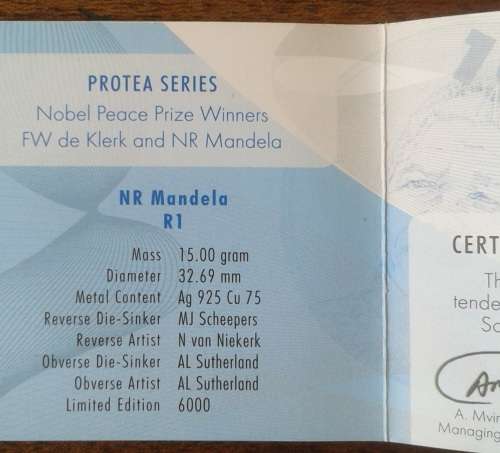2007 Mandela proof silver R1 in case with certificate (1993 Nobel Laureate)
