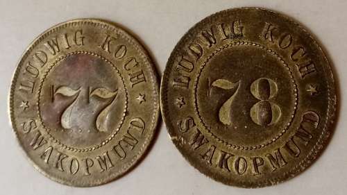 Rare Ludwig Koch Swakopmund- German Southwest Africa token set numbered 77/78 WOW!