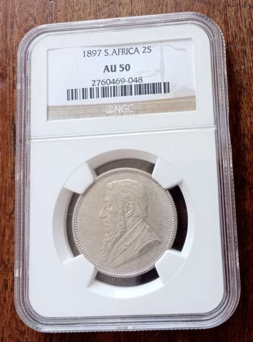 Excellent 1897 ZAR Kruger silver 2 Shillings NGC AU50