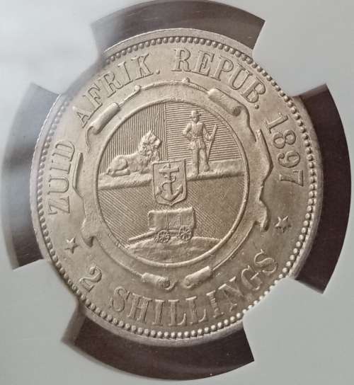 Excellent 1897 ZAR Kruger silver 2 Shillings NGC AU50