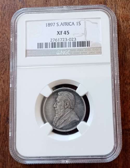 Higher grade 1897 ZAR Kruger silver shilling NGC XF45