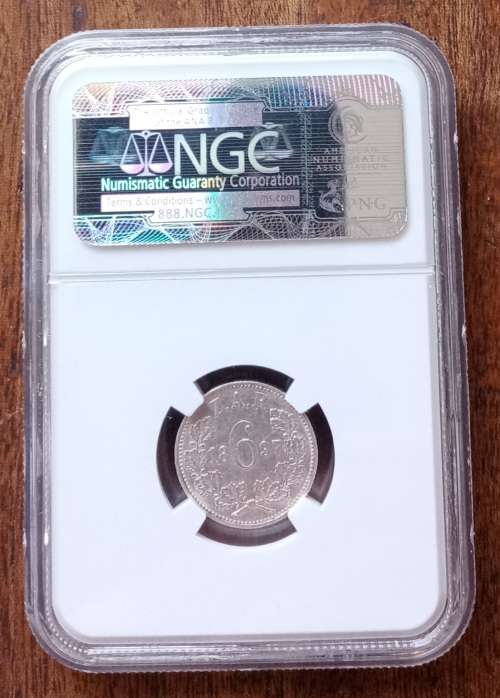 High grade 1897 ZAR Kruger silver sixpence NGC AU50