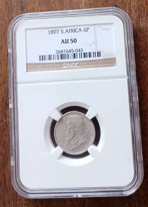 High grade 1897 ZAR Kruger silver sixpence NGC AU50