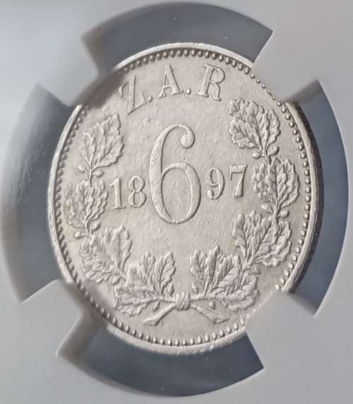 High grade 1897 ZAR Kruger silver sixpence NGC AU50
