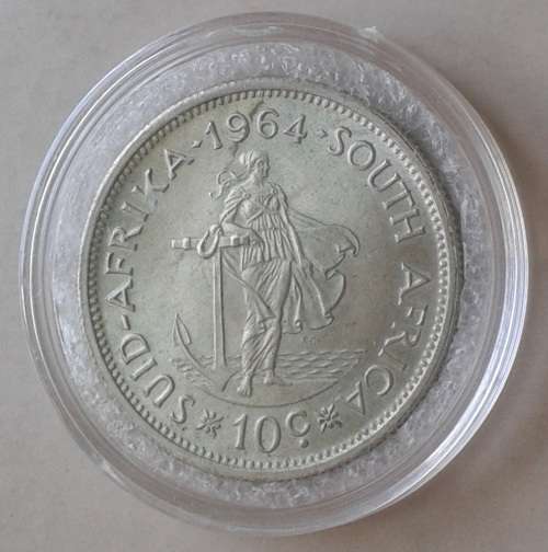 1964 van Riebeeck uncirculated silver 10c in capsule