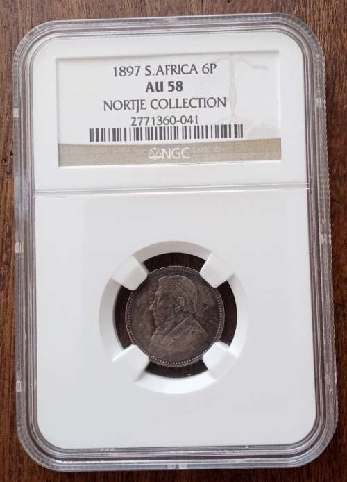 Excellent 1897 ZAR Kruger silver sixpence NGC AU58 (Nortje Collection)