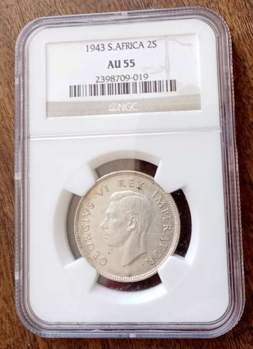 Nice 1943 union silver 2 Shillings NGC AU55