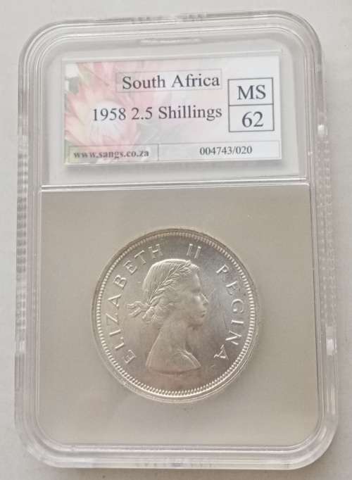 Nice 1958 union silver 2 1/2 Shillings SANGS MS62