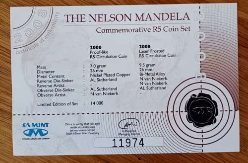 Nelson Mandela commemorative R5 coin set in case with certificate