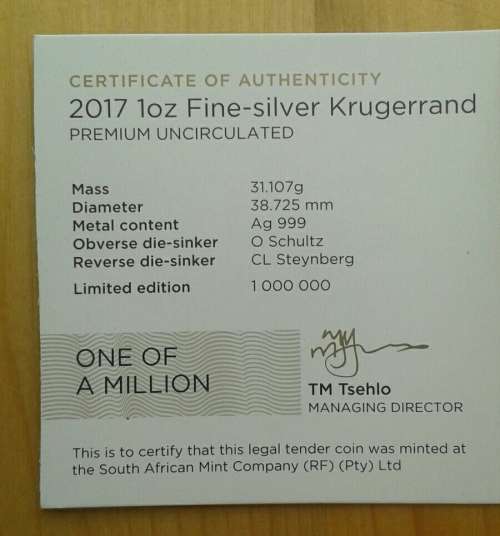 2017 Premium uncirculated 1oz silver Krugerrand in pouch with c.o.a