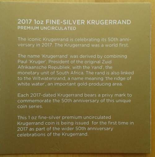 2017 Premium uncirculated 1oz silver Krugerrand in pouch with c.o.a