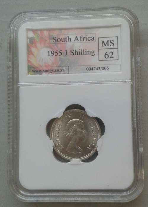 Excellent 1955 union silver shilling SANGS MS62