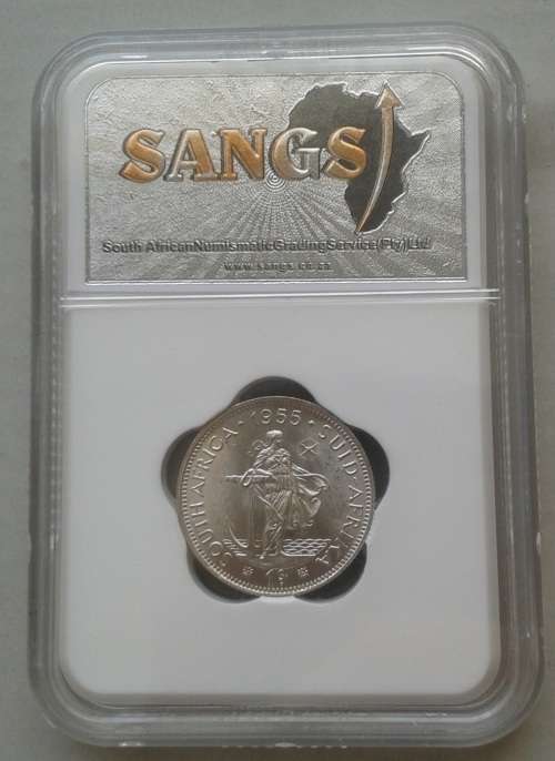 Excellent 1955 union silver shilling SANGS MS62