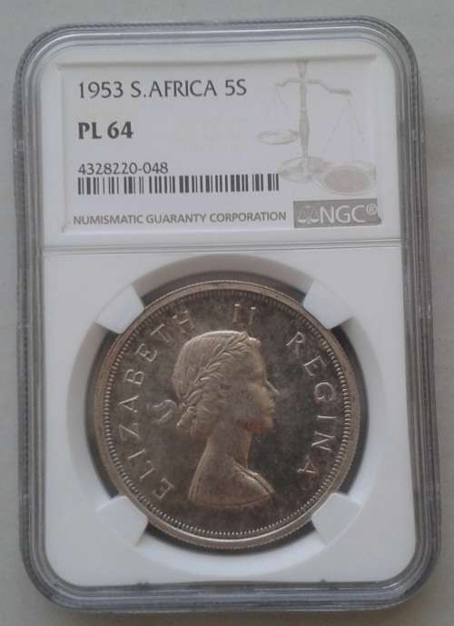 Nice 1953 union silver 5 Shillings NGC PL64