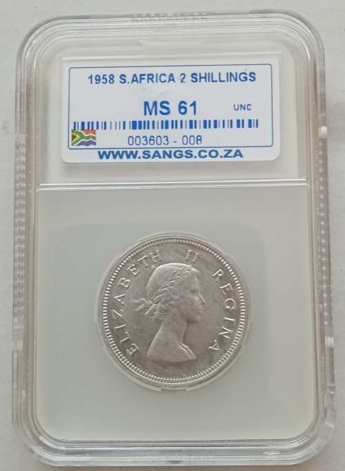 1958 Union silver 2 Shillings SANGS MS61
