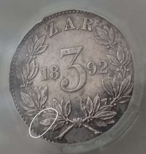 High grade 1892 ZAR Kruger silver tickey SANGS AU58 with cracked die