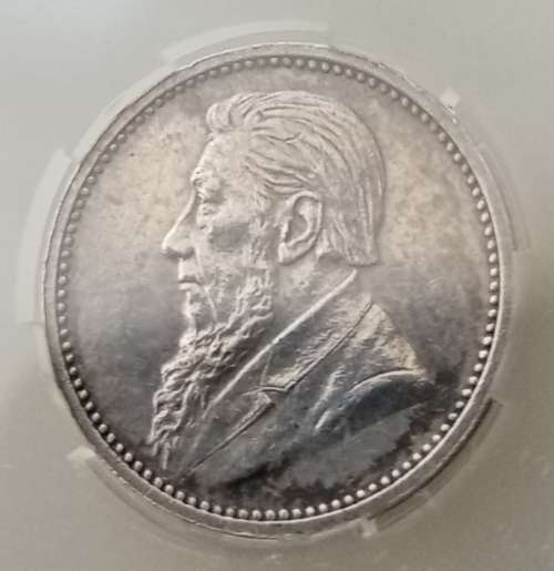 High grade 1892 ZAR Kruger silver tickey SANGS AU58 with cracked die