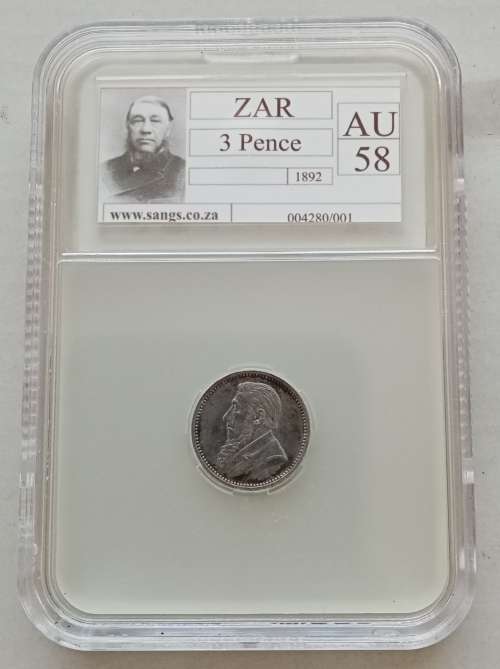 High grade 1892 ZAR Kruger silver tickey SANGS AU58 with cracked die