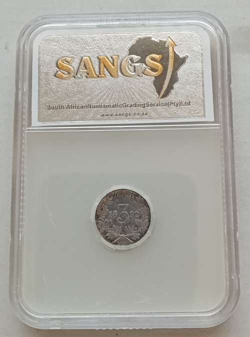 High grade 1892 ZAR Kruger silver tickey SANGS AU58 with cracked die