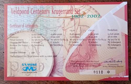 Scarce 2012 Veldpond Centenary proof Krugerrand set case incl.certificate
