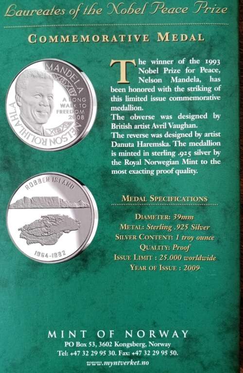 2009 Mandela Nobel Laureate proof 1oz silver medal in booklet