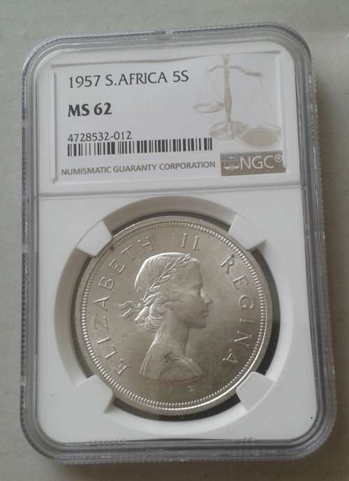 1957 Union silver 5 Shillings NGC MS62
