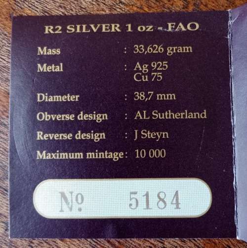 1995 F.A.O proof 1oz silver R2 in case with certificate
