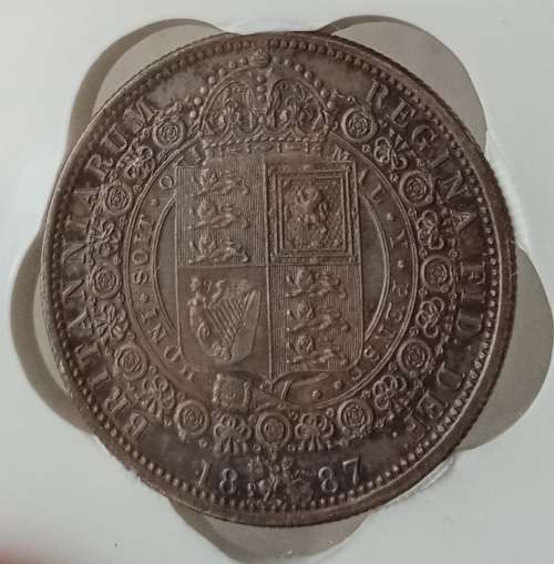 Excellent 1887 British silver half crown SANGS AU58
